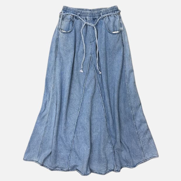 string belted denim flare skirt