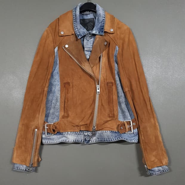 여성 S) 올세인츠 염소 스웨이드 지퍼 디테일 플레임 바이커 데님 자켓
