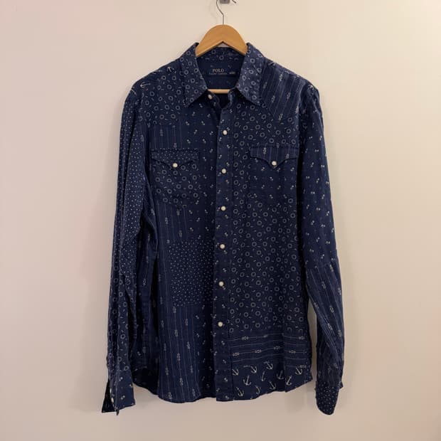 Polo Ralph Lauren 폴로 린넨 앵커 패턴 웨스턴 셔츠 L