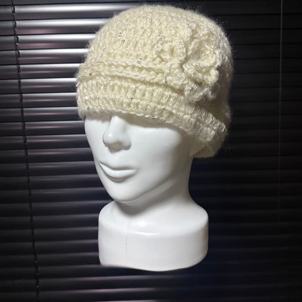 흰색 화이트 아이보리 실버 스팽글 플라워 꽃 뜨개질 비니 모자 빈티지