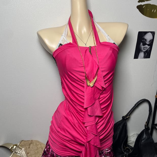 갸루 Pink 홀터 레이스 셔링 탑