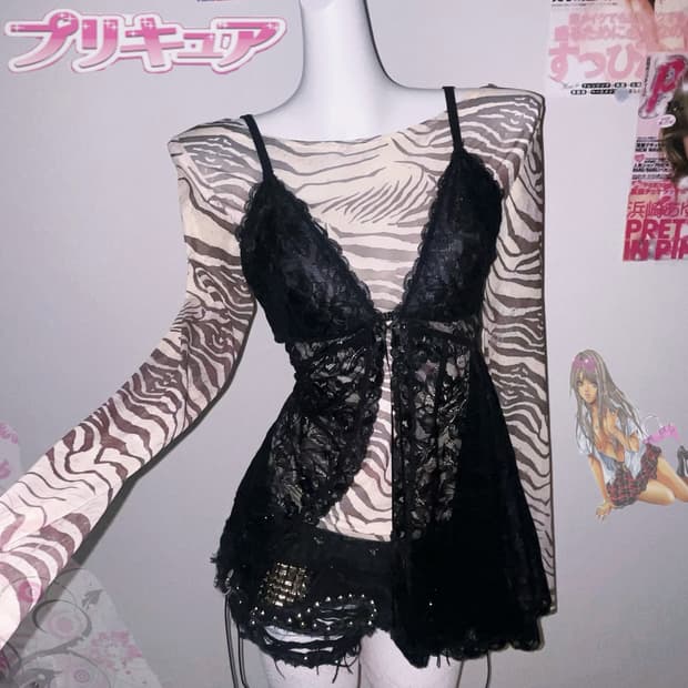 00‘s 갸루 와투케  지브라 레이스 레이어드 세트