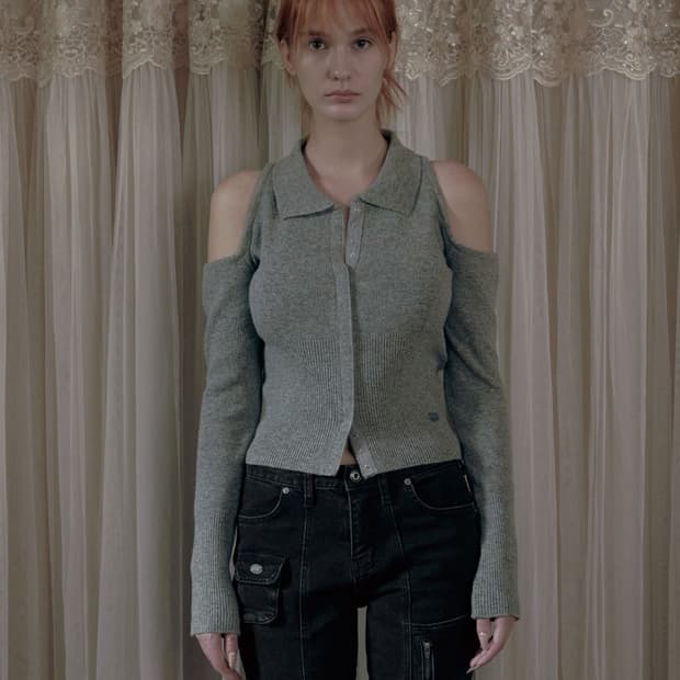 보헴서 보헤미안서울 숄더 홀 니트 가디건 스톤그레이