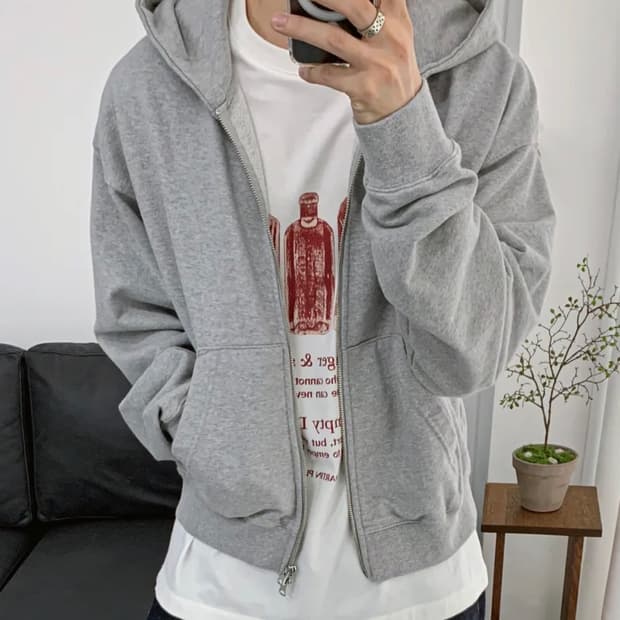 소버먼트 솔리드 크롭 후드 집업 멜란지그레이