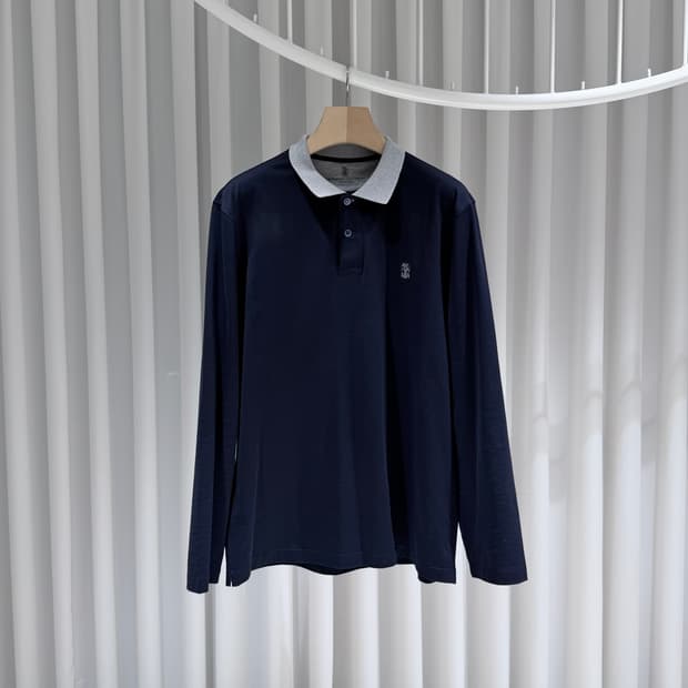 (A+/XL) / 브루넬로 쿠치넬리 로고 폴로 긴팔 셔츠 네이비