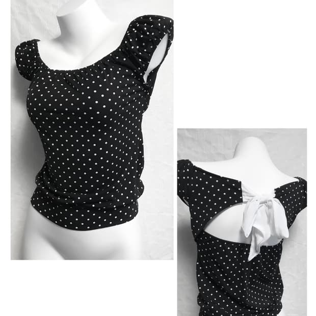빈티지 cecil mcbee 세실맥비 도트 리본 퍼프 소매 탑