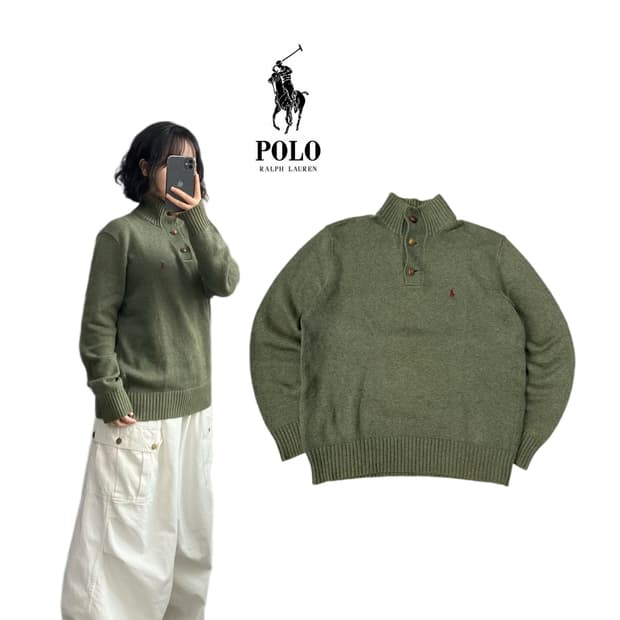 폴로 포니 카키 반집업 니트
