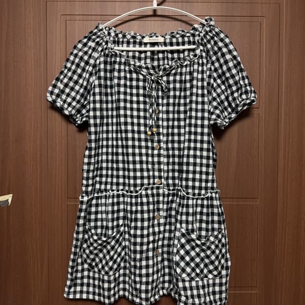 모리걸 하구미 일본 빈티지 깅엄체크 반팔 우드단추 포켓 원피스