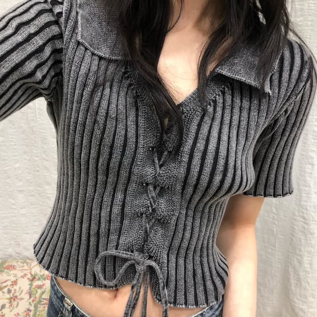 Ribbon tie crop knit top