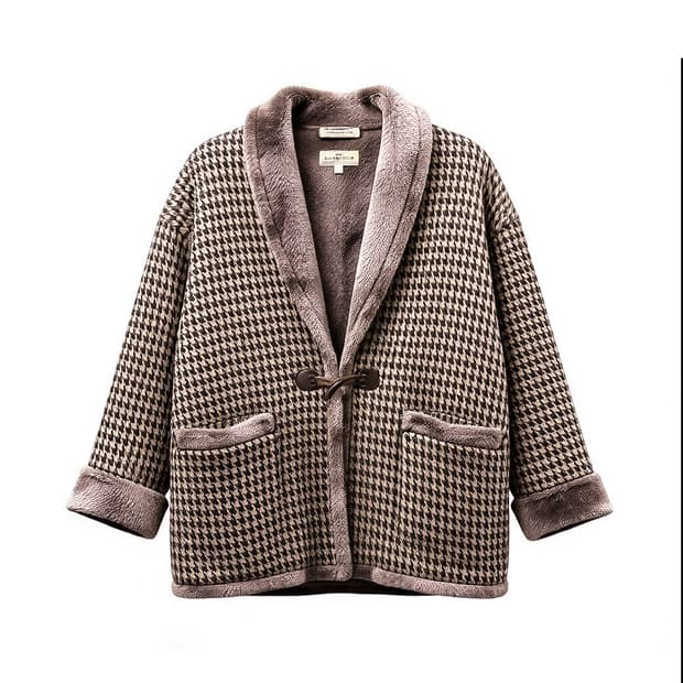 JPN VINTAGE 하운드투스 퍼 하오리자켓 우드 토글 디테일 브라운