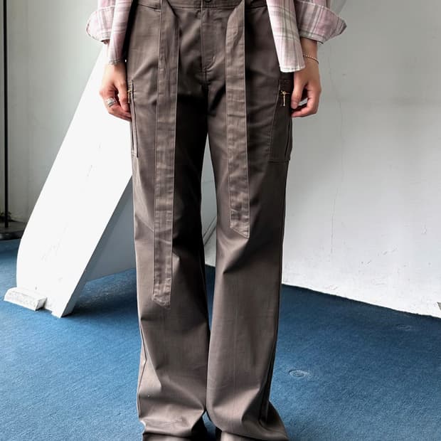 Cotton belted semi flare straight pants