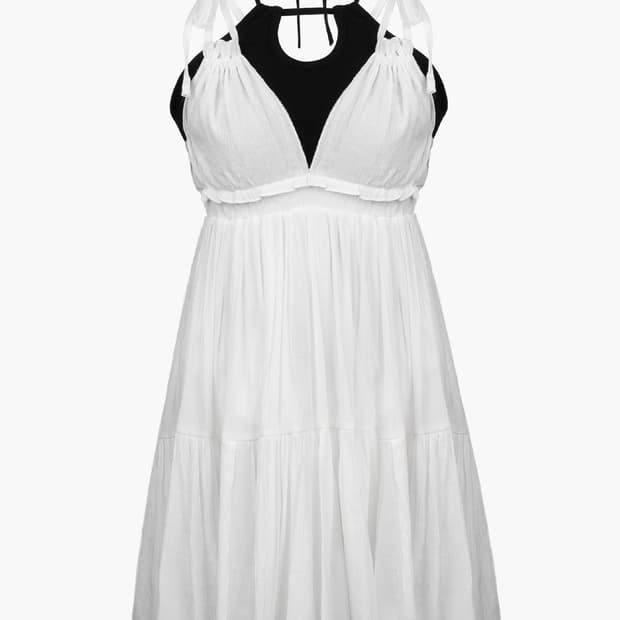 러프넥 RIBBON FLAERD DRESS 화이트
