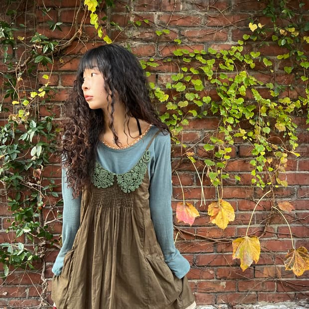 카키 크로셰 미니 원피스