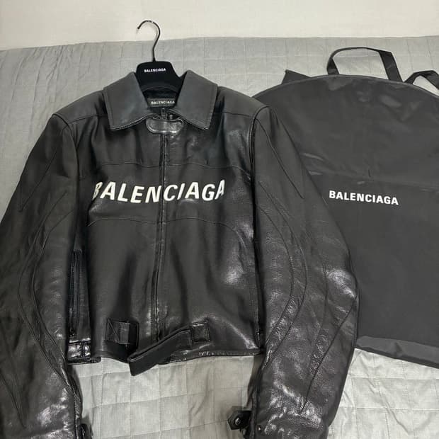 [46] 발렌시아가 로고 버팔로 레더 바이커 가죽 자켓