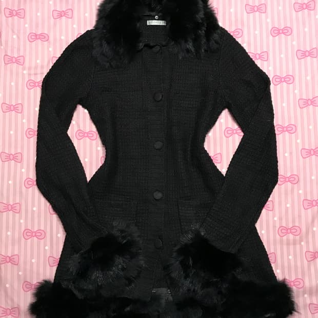 오네갸루 블랙 퍼 니트 롱 가디건 