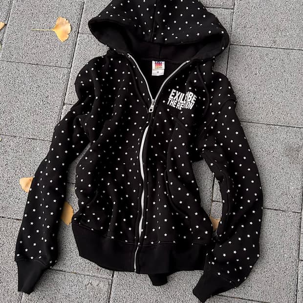 2000s JPN 키치 스타 프린팅 블랙 후드집업