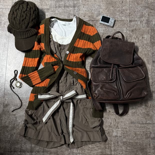 스트라이프 패턴 가디건 레이스 벨트 롬퍼 3pcs SET