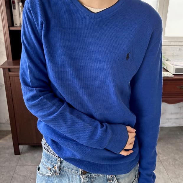폴로 와플 롱슬리브 블루