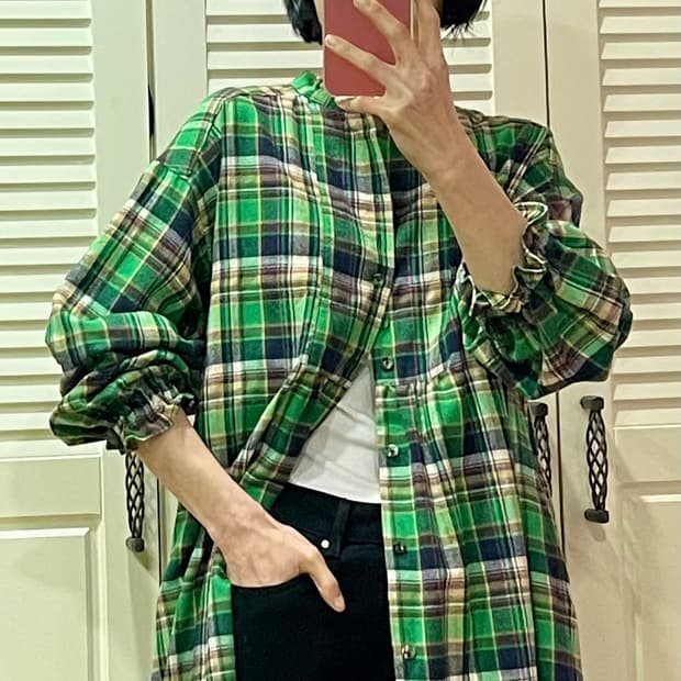 rivet & surge 사이드 슬릿 요크 체크 롱 원피스 (그린)