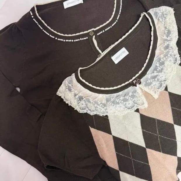 빈티지 니트 가디건 아가일 프릴 리본 진주 큐빅 세트 셋업 일브 하치룩