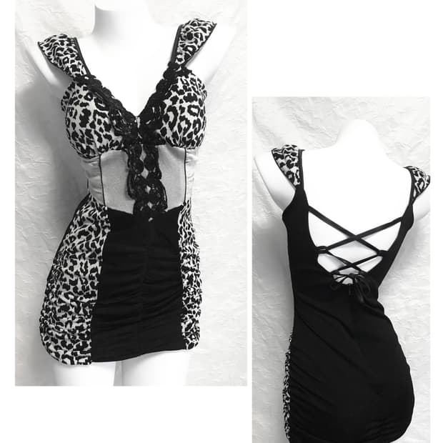 빈티지 갸루 레오파드 코르셋 셔링 원피스