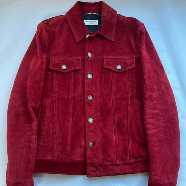 44 생로랑 레드 카프 레더 스웨이드 트러커 자켓