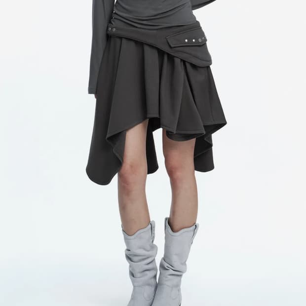 러프넥 벨티드포켓드레이프스커트 그레이