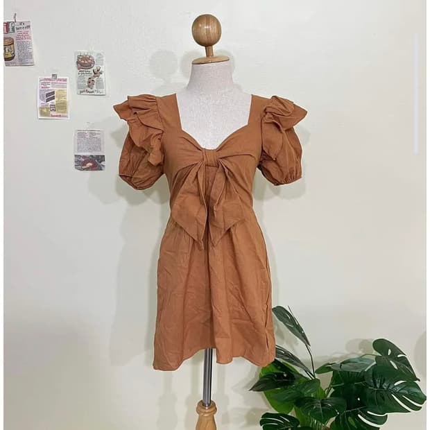 빈티지)브라운 빅리본 라떼히메갸루 퍼프셔링 로맨틱 휴양지여름원피스