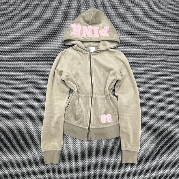 착샷O 빈티지 말차핑크 벨벳 후드집업