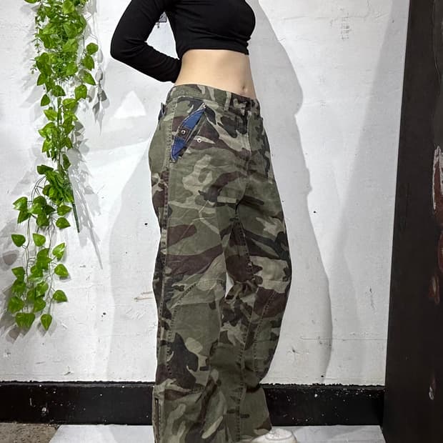 일본 빈티지 Blue Harvest 와이드 밀리터리 카모 더블니 팬츠