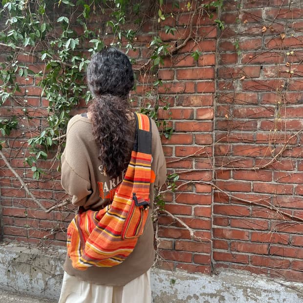 히피 에스닉 오렌지 줄무늬 바디백&원숄더 백
