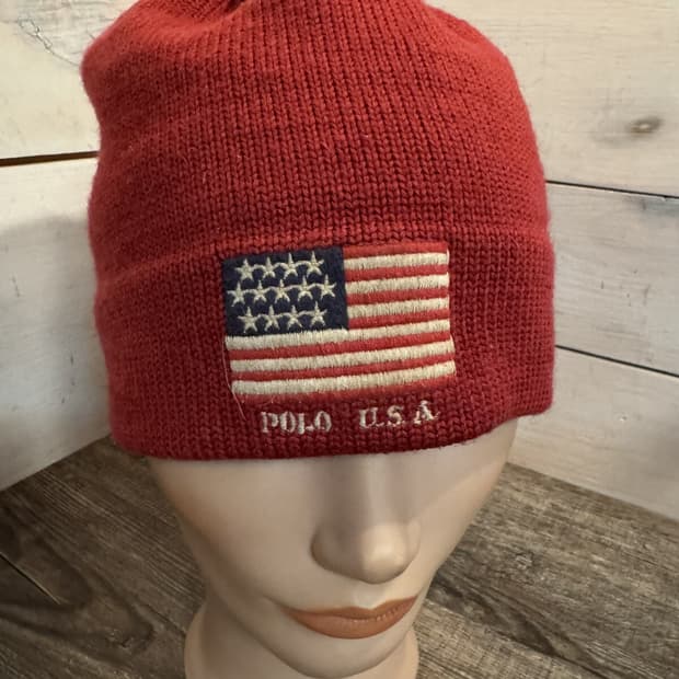 폴로 랄프로렌 성조기 패치 니트 비니 레드