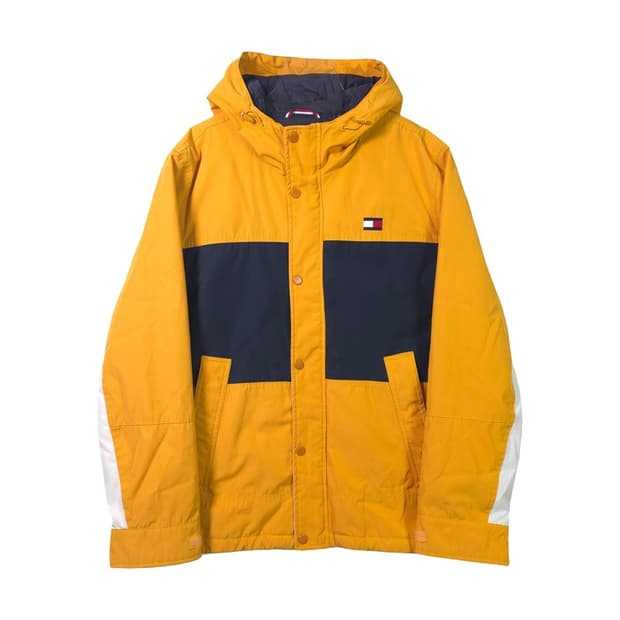 타미힐피거 컬러블록 빅로고 후드 패딩 자켓 XL