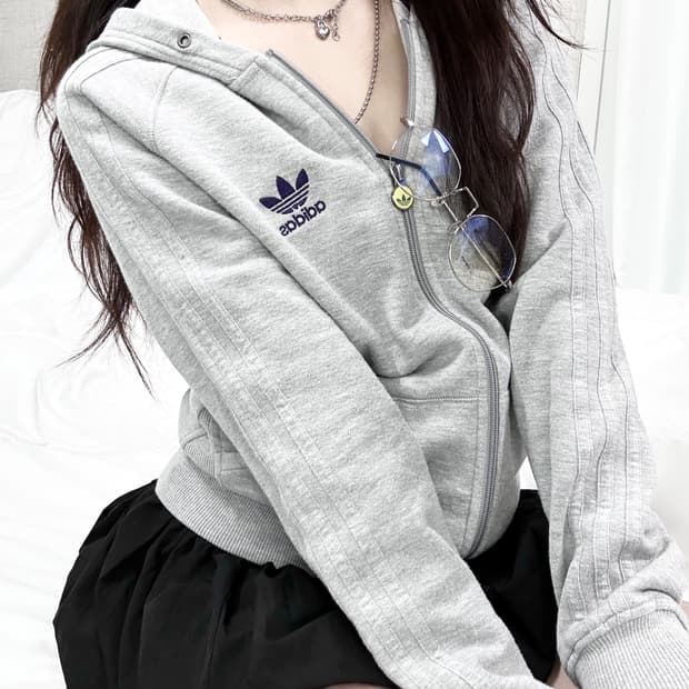 아디다스 퍼플로고 그레이 삼선 후드집업