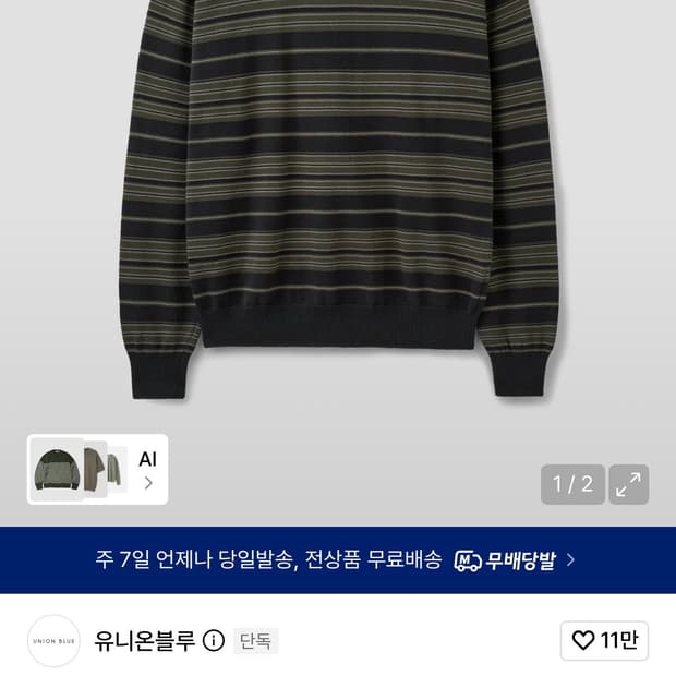 (M) 유니온블루 스트라이프 크루넥 니트 옵시디언 올리브