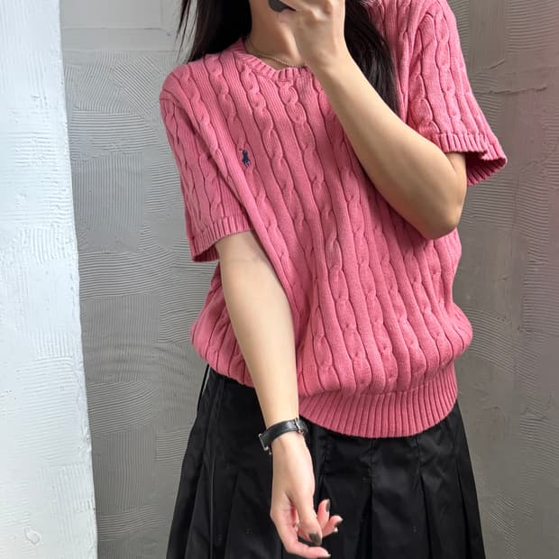 Polo 폴로 랄프로렌 QR라벨 핑크컬러 케이블 반팔 니트