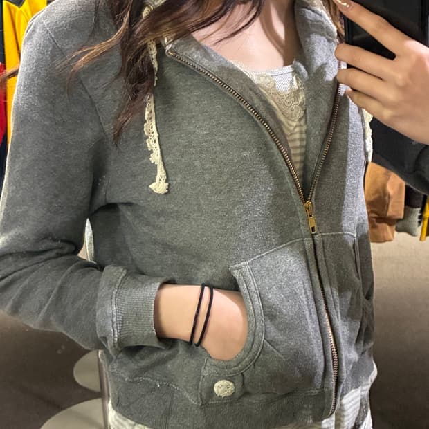 M)earth music 빈티지 여성 레이스 디테일 후드 집업