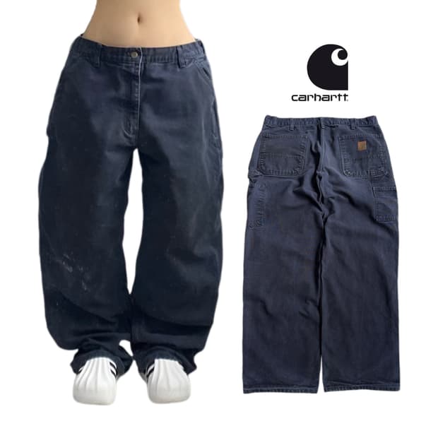 칼하트 OG 가죽패치 카펜터 덕캔버스 페이딩 와이드 워크팬츠