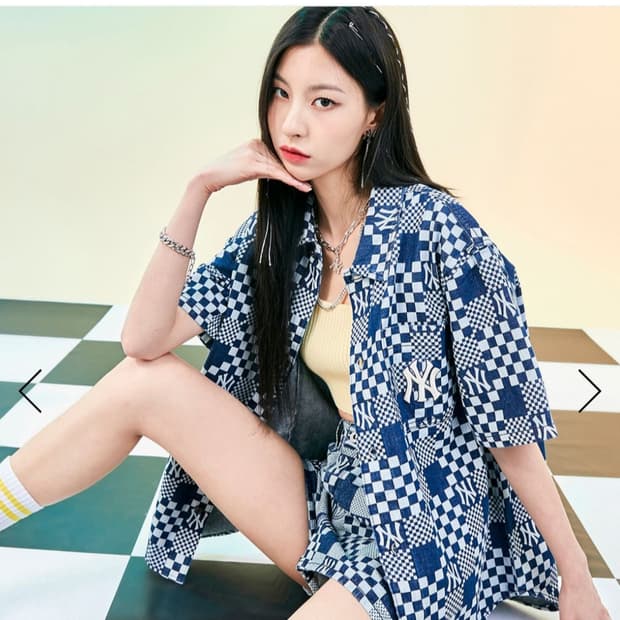 엠엘비 MLB 공용 체커보드 데님 숏슬리브 셔츠 반팔 데님셔츠