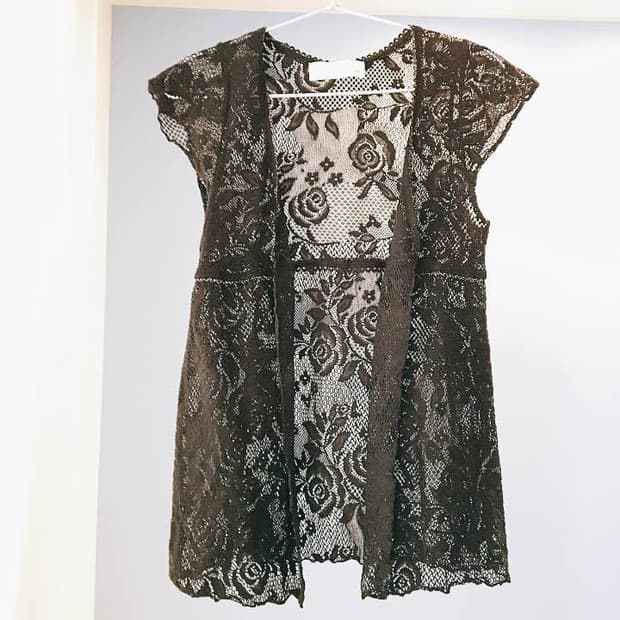 빈티지 레이스 글리터 시스루 로즈 레이어드 니트 가디건