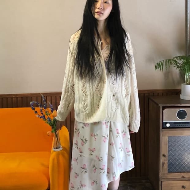 ohne 로지 네팅 가디건 플라워 언발란스 스커트 세트