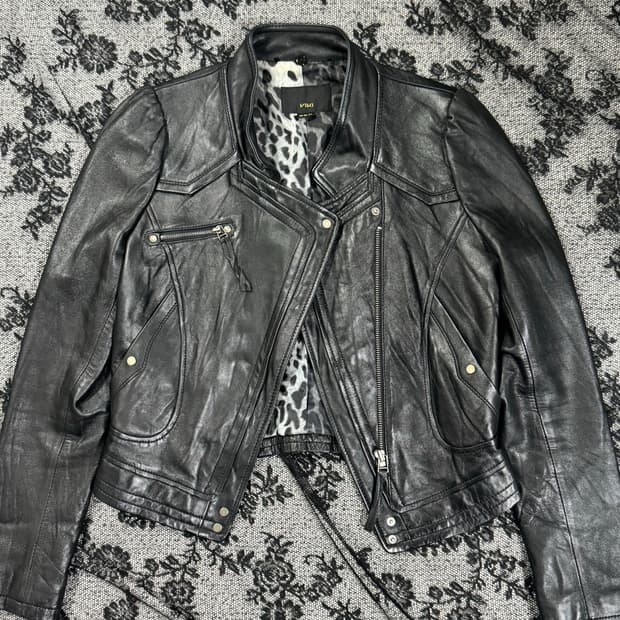 레오파드 안감 숏 라이더 가죽 자켓