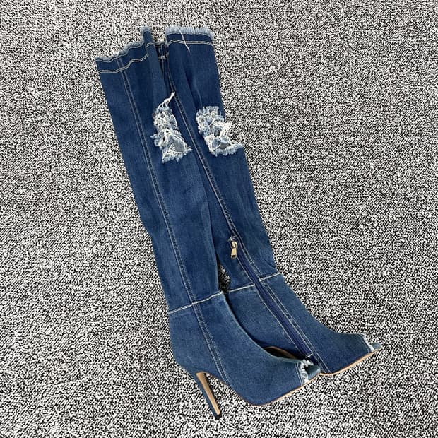 빈티지9. Balmain 발망 데미지 데님 레이스업 힐 롱 부츠