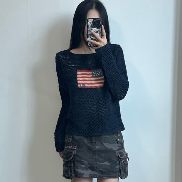 폴로 랄프로렌 성조기 네이비 펀칭 메쉬 니트