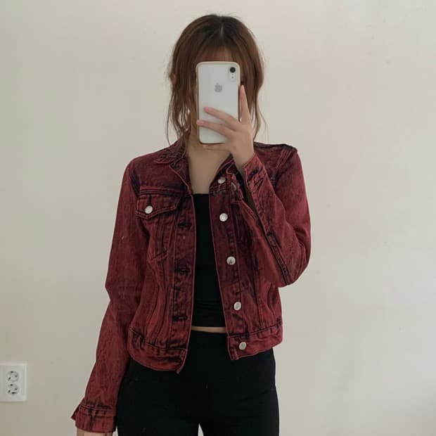 락시크 펑크룩 레드 데님 크롭 자켓 빈티지 청자켓