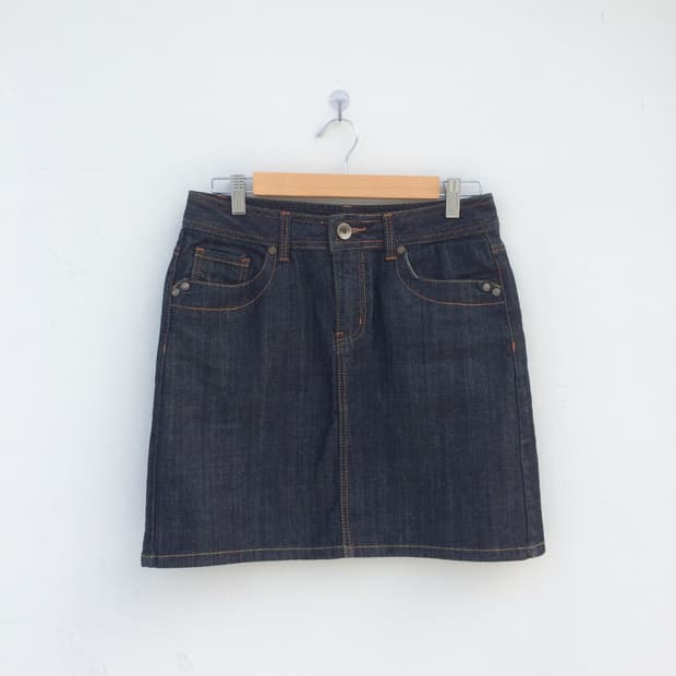 orange stitch denim skirt