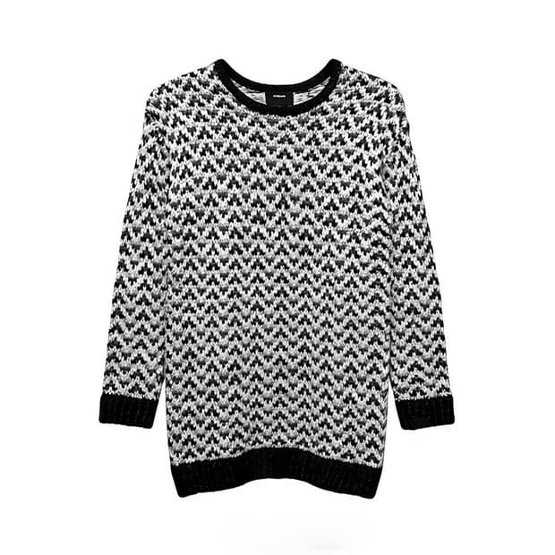 JPN VINTAGE 롱 니트 헤링본 패턴 라운드넥 디테일 화이트 블랙
