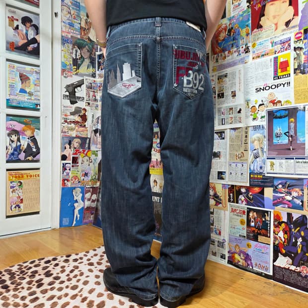 후부 버건디 자수 진청 데님 와이드 팬츠