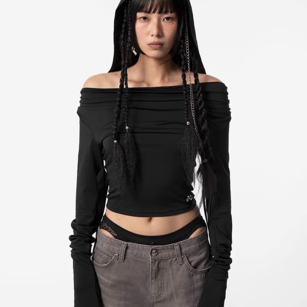 YEEL(leey) HOODIE RIBBON DRAPE TOP BLACK