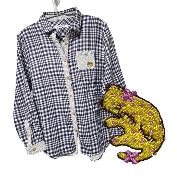 거즈 코튼 고양이 자수 깅엄체크 셔츠